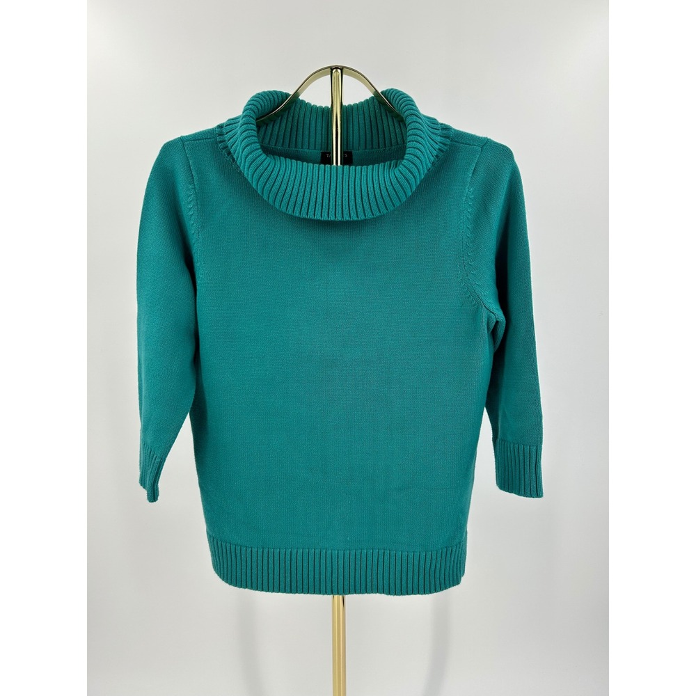 Talbots Petites Women Teal Green Cowl Neck 3/4 Sleeve Cotton Sweater Large P